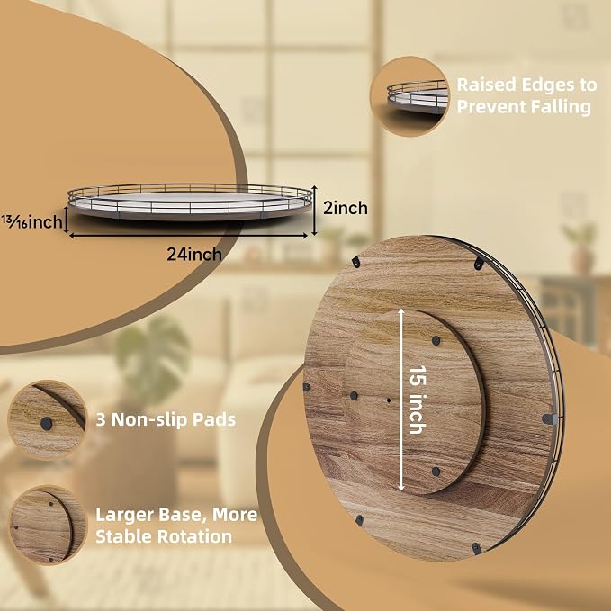 24 Inch Lazy Susan Turntable, Heavy Duty Acacia Wood Round Tray - Image 3