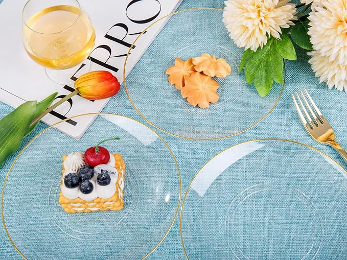 Nervure 100PCS Clear and Gold Rim Plastic Plates - Image 8