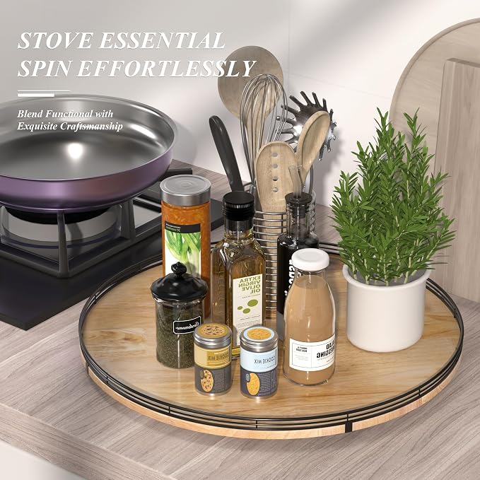AMH 24-Inch Extra Large Farmhouse Oak Lazy Susan Organizer | Smooth rotating - Image 2