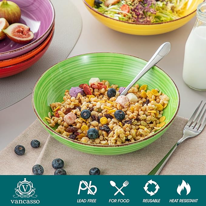 vancasso Bonita Pasta Bowls Set of 6, 38 oz Shallow Ceramic Bowls - Image 3