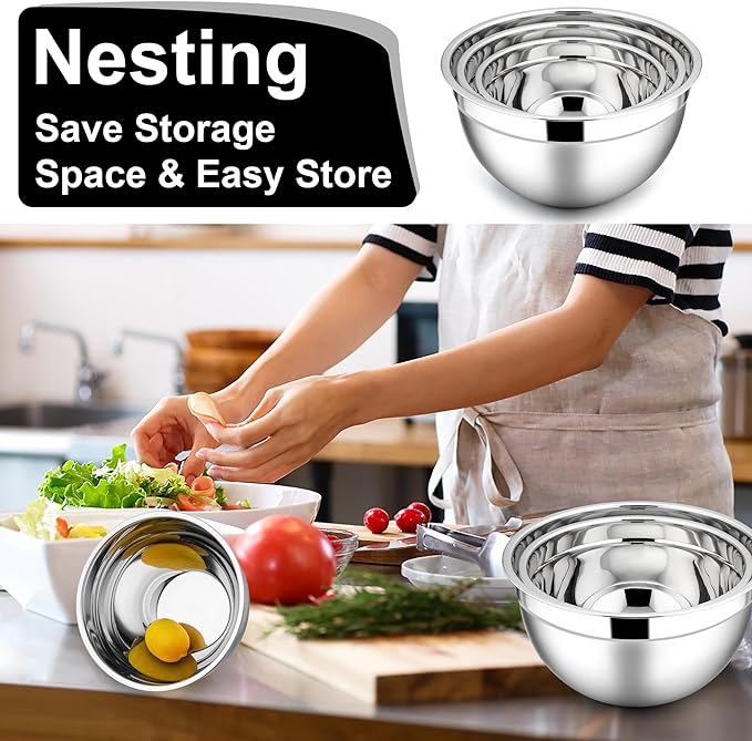 E-far Mixing Bowls with Lids, 6-Piece Stainless Steel Salad Bowls Metal Nesting - Image 5