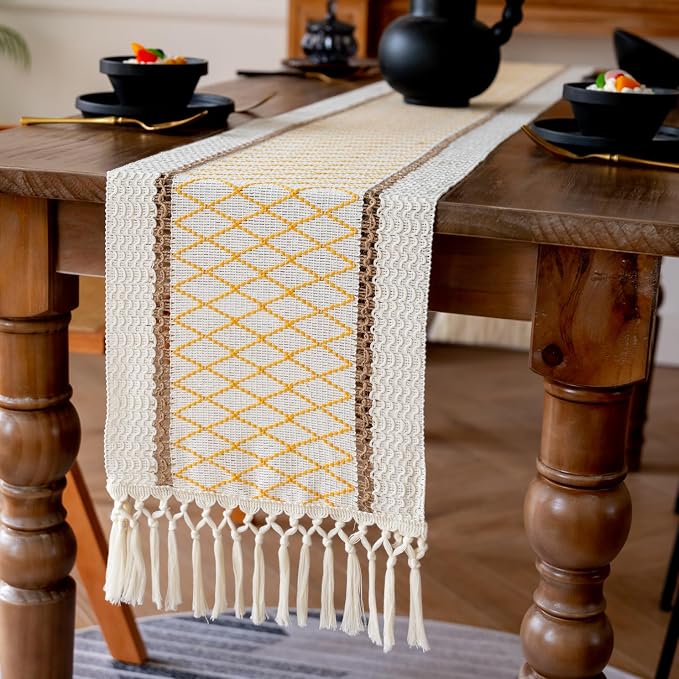 EMMTEEY Macrame Table Runner Boho Style 72 Inches Long, Hexagonal Yellow | by EMMTEEY
