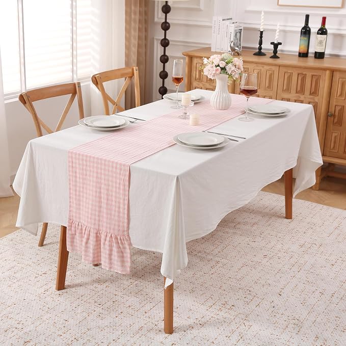 Peachy Blush White Plaid Gingham Ruffle Table Runner 72 inches Long 100% Washed - Image 2