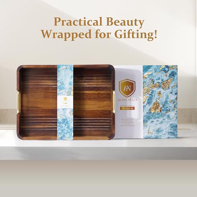 Acacia Wood Serving Tray with Metal Handles, Decorative Coffee Table Tray & - Image 2