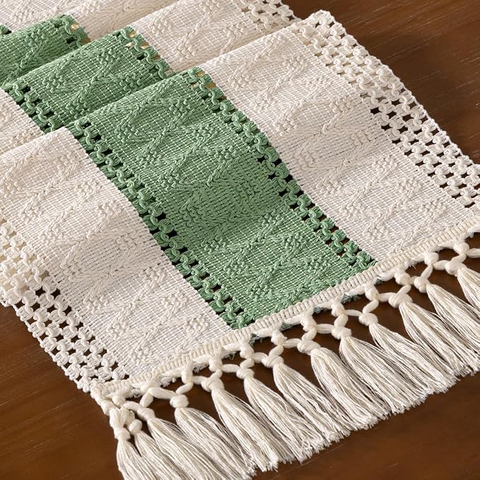 DeZerlor Ivory&Sage Green Boho Macrame Farmhouse Woven Table Runner 48Inch | - Image 2