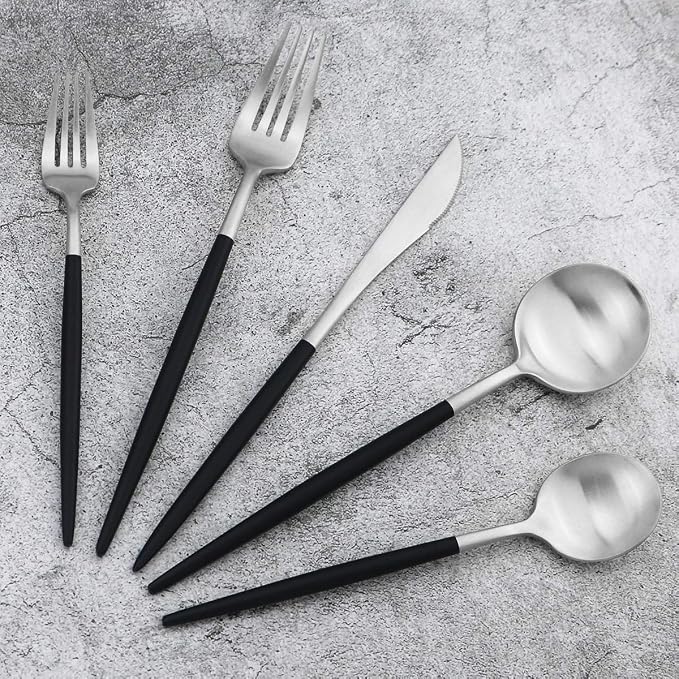 Black Handle Matte Silver Silverware Set - Image 2