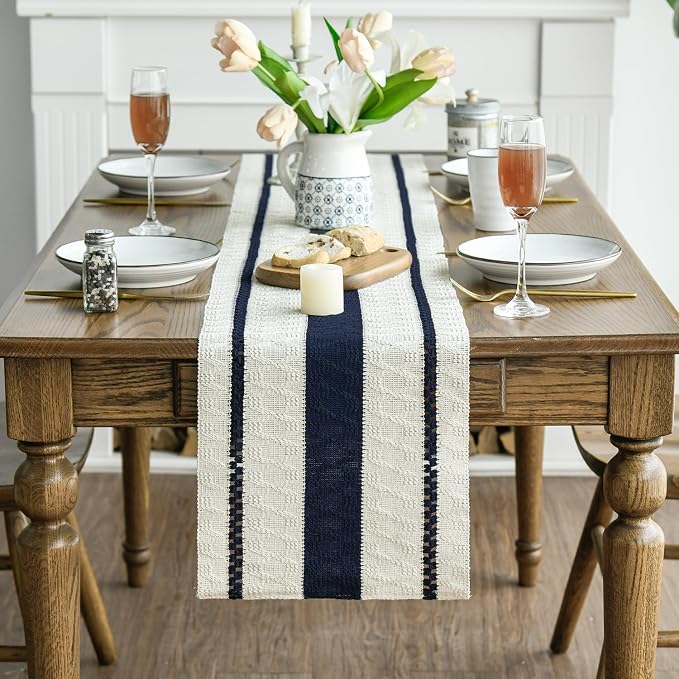 Artoid Mode Dark Blue Rustic Woven Table Runner 12x48 Inch | Holiday Farmhouse - Image 2