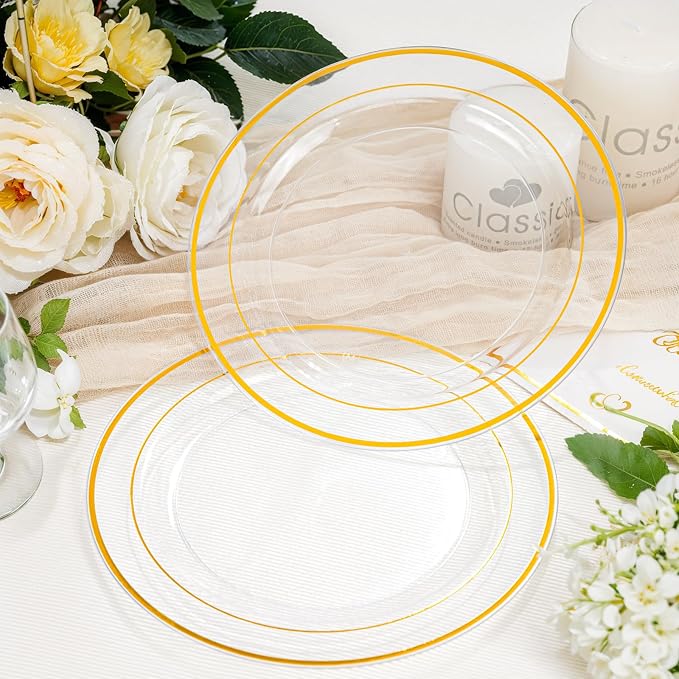 bUCLA 100 Pieces Clear Gold Plastic Plates Disposable - Image 8