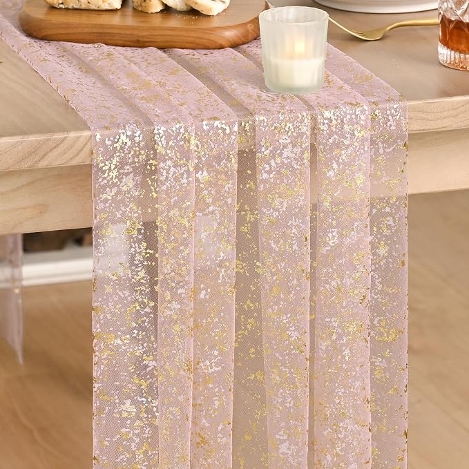 Artoid Mode Gold Gauze Pink Table Runner 120 Inch 10FT, Glitter Metallic Foil by ArtoidMode