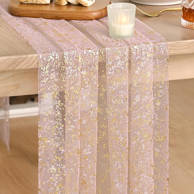 Artoid Mode 6PC Gold Gauze Pink Table Runner 120 Inch 10FT, Glitter Metallic by ArtoidMode