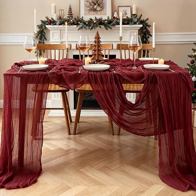 Burgundy Table Runner, 10FT Boho Rustic Burgundy Maroon Table Runner 120inch - Image 7