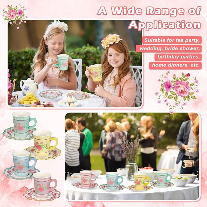 FillTouch 100 Sets Floral Paper Tea Cups and Saucers Disposable Paper Tea Party - Image 6