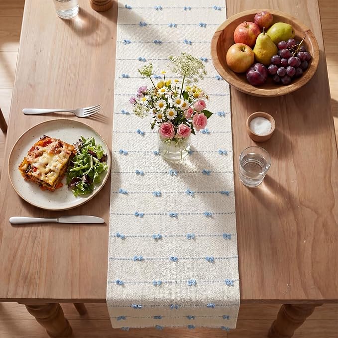 Artoid Mode Sky Blue Boho Farmhouse Cotton Woven Table Runner, Seasonal Summer - Image 3