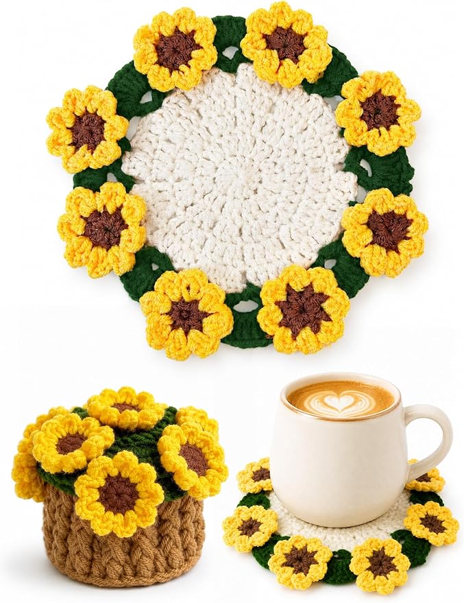 Crochet Flower Bouquet Coasters, Cotton Sunflower Gifts by KQJS