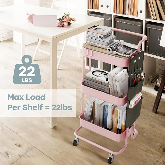 DTK 3-Tier Rolling Cart with Table Top, Metal Utility Cart with Side Bags | - Image 3