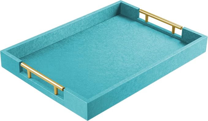 ATZYmolin 17"x12" Leather Serving Tray, Polished Metal Handles, Coffee Table by ATZYmolin