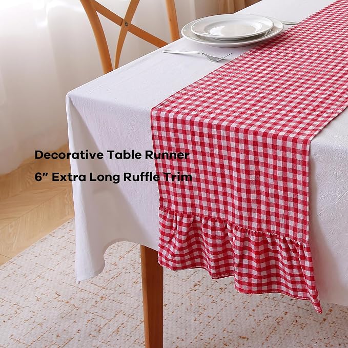 Red White Plaid Gingham Ruffle Table Runner 120 inches Long Christmas 100% - Image 3