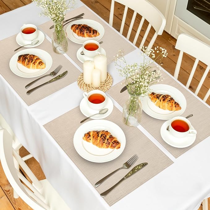 Bloss Beige Placemats Set of 4-12x18 Inch Washable Heat-Resistant Table Mats - Image 2