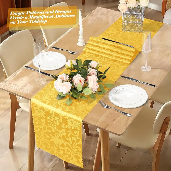 MILVOWOC Gold Satin Table Runner, 12 Pack, 12 x 72 Inch | Jacquard Damask - Image 2