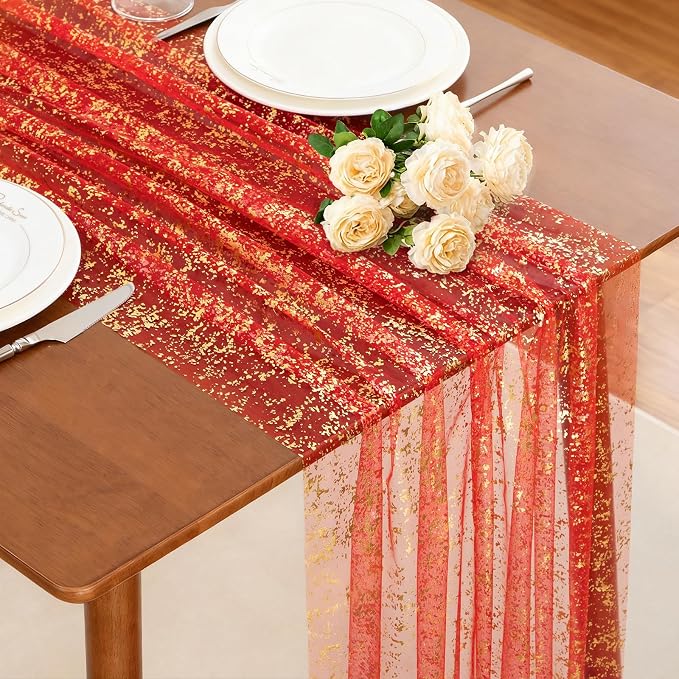 SiinvdaBZX Red Gold Sheer Tulle Table Runner 120 Inch/10 Ft Long | Gauze Sequin by SiinvdaBZX