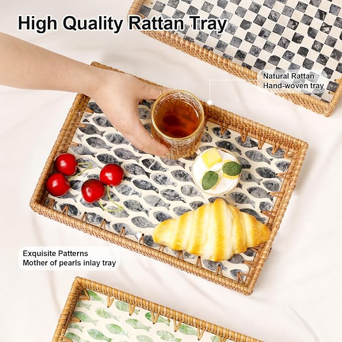 Rectangle Rattan Tray with Mother of Pearl Inlay, Rattan Serving Tray with - Image 4