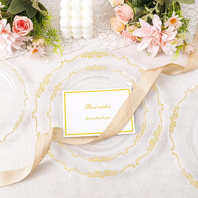U-QE 100PCS Clear Gold Plastic Plates - Image 6