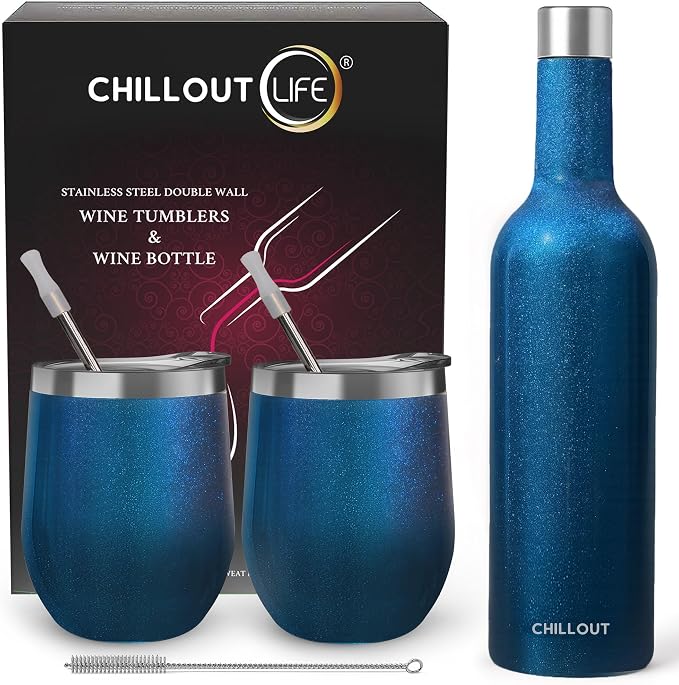 CHILLOUT LIFE 12 oz Stainless Steel Wine Tumblers 2 Pack & 1 Insulated Wine by CHILLOUTLIFE