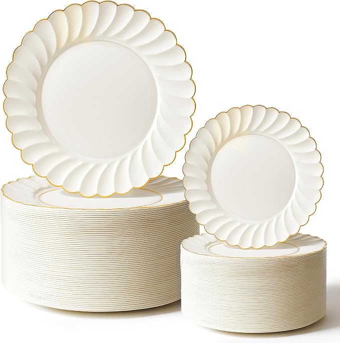 Stock Your Home 60 Pack – Elegant Ivory & Gold Scalloped Plastic Plates – by StockYourHome