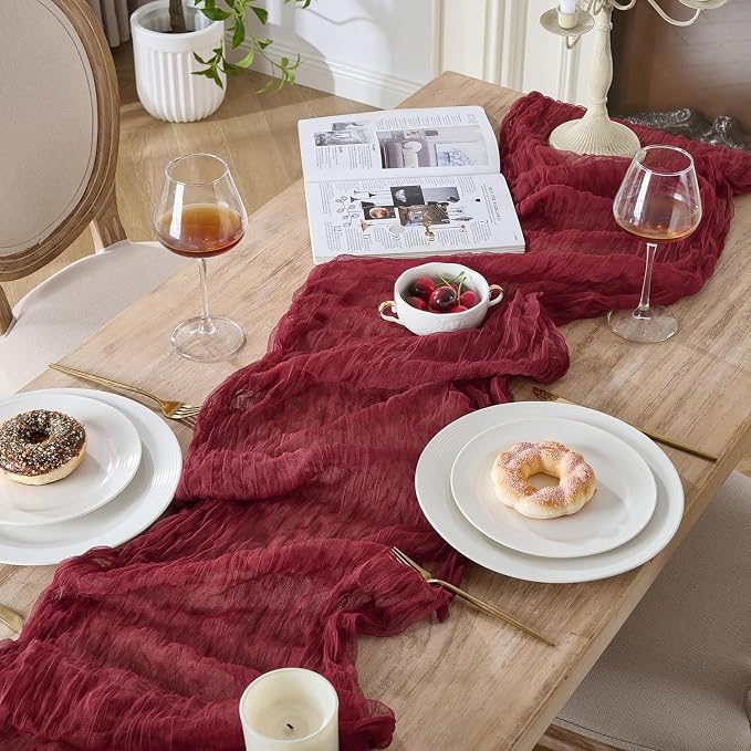 12 Pack Burgundy Red Cheesecloth Table Runners, 120 Inch 10Ft Wine Red Gauze - Image 5