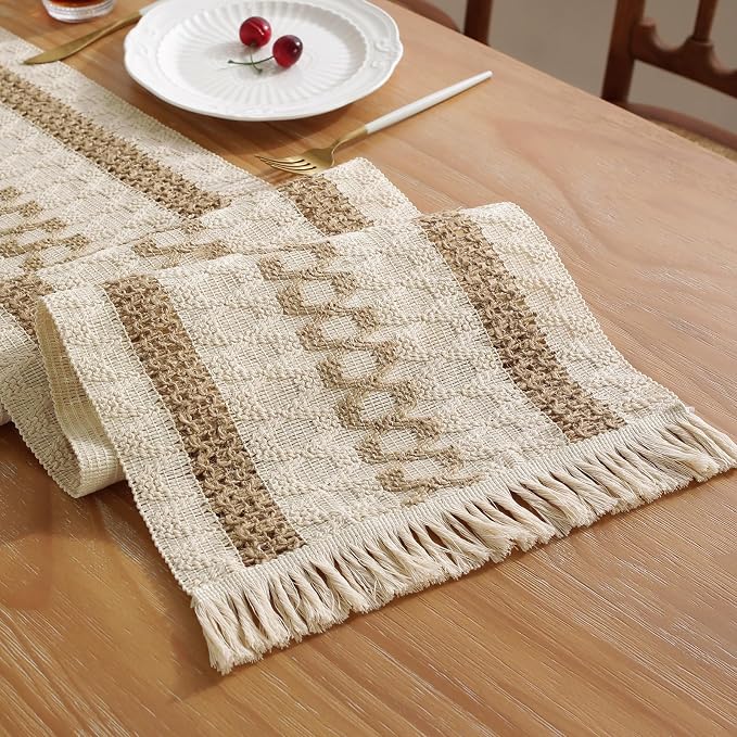 Boho Table Runner with Tassels 12 x 36 Inches Long, Cream & Brown Rustic by Niviy