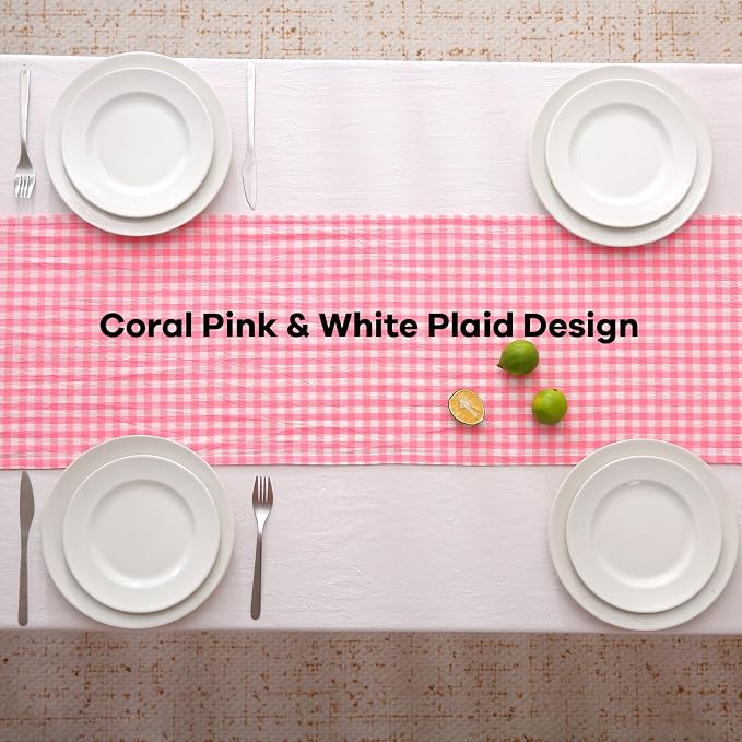 Coral Pink White Plaid Gingham Ruffle Table Runner 120 inches Long 100% Washed - Image 4