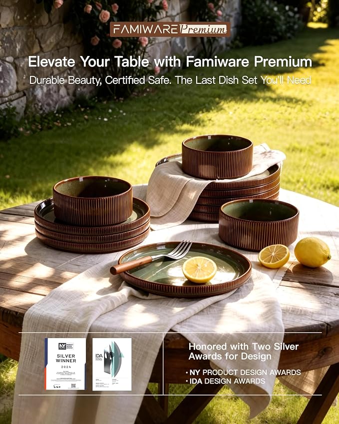 Stoneware Dinnerware Set for 4, Handmade Ribbed Dishes, Everyday Use, Microwave - Image 8