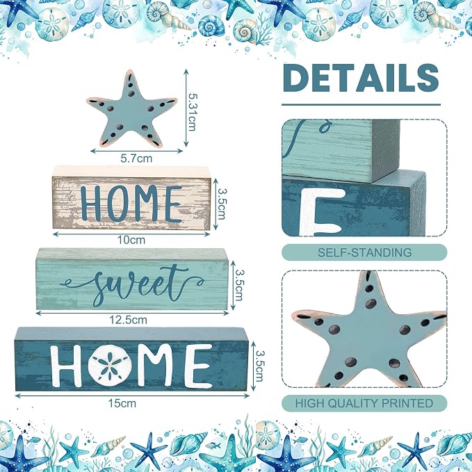 Cinnvoice 4 Pcs Beach Summer Starfish Wooden Block Decor Coastal Farmhouse - Image 3