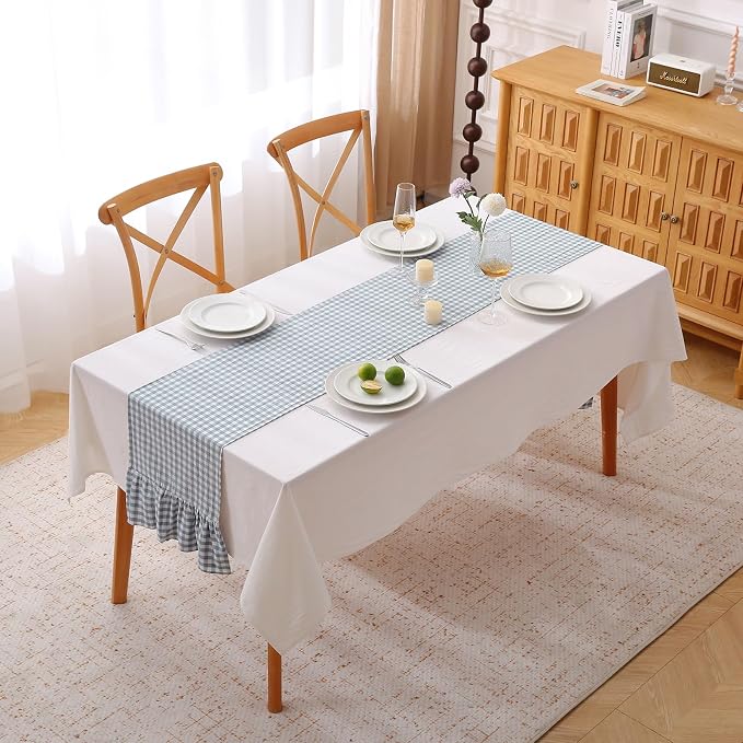Dust Blue White Plaid Gingham Ruffle Table Runner 120 inches Long Christmas - Image 2