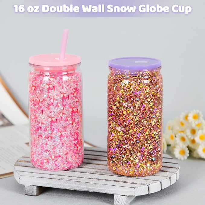 8 Pack Plastic Snow Globe Tumbler, 16 Oz Double Wall Plastic Can - Image 2