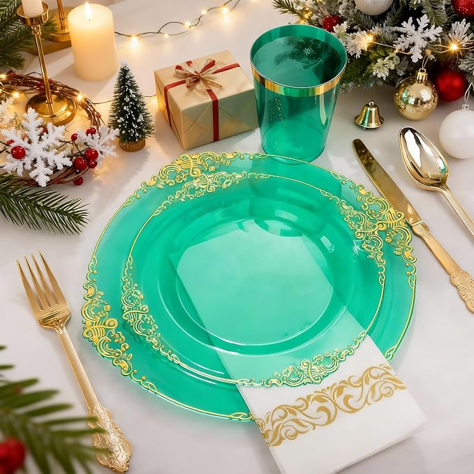 175 Pcs Clear Green Plates for Party | Elegant Disposable Dinnerware for 25 - Image 3
