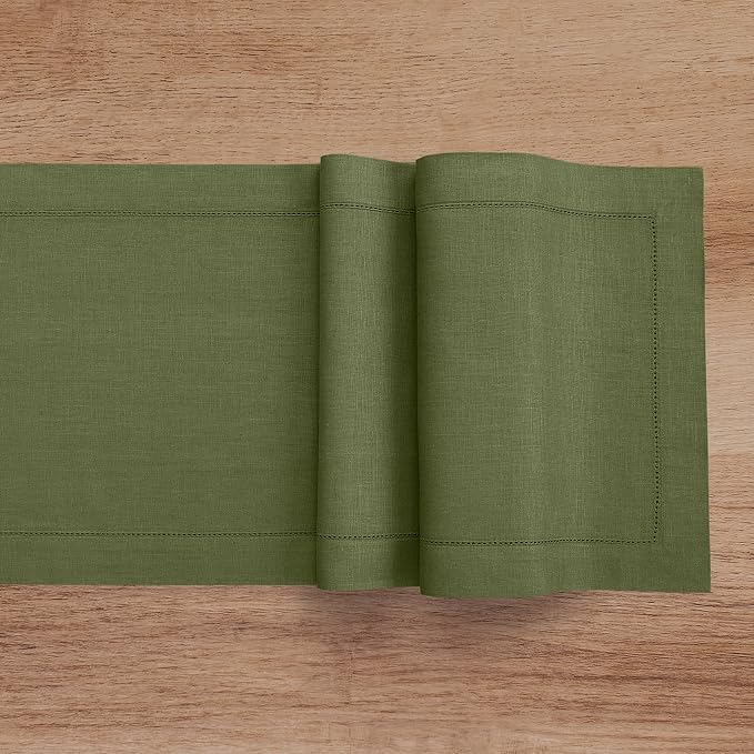 Solino Home 100% Pure Linen Dining Table Runner Olive Hemstitch, 14 x 72 in | - Image 3