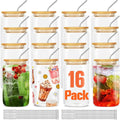 ASKIZ 16Pcs Glass Cups With Bamboo Lids and Straws, 16Oz Ice Coffee Cup by ASKIZ