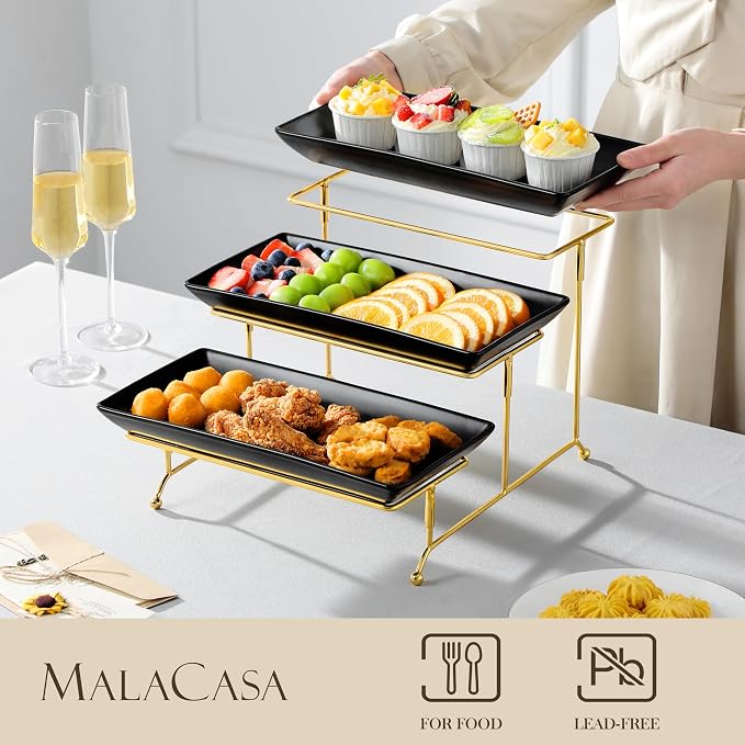MALACASA 3 Tier Serving Trays for Party, 12 Inch Porcelain Black Trays for - Image 3
