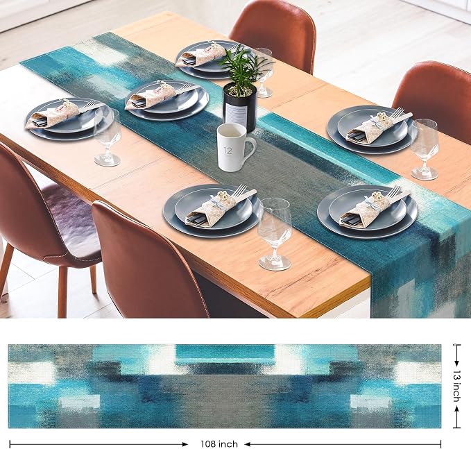 Emvency Table Runner, 13x108 Inch, Abstract Modern Farmhouse | Teal Grey Dining - Image 2