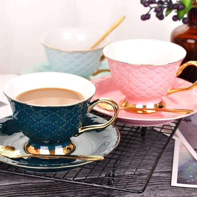 VanEnjoy Green Vintage 8 Ounces Porcelain Coffee Cup, Tea Cup and Saucer Set - Image 5