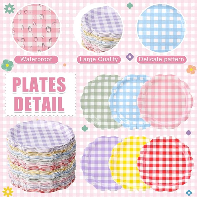 120 Pcs Gingham Paper Plates 7 Inch Pastel Party Dessert Plates, Spring Gingham - Image 2
