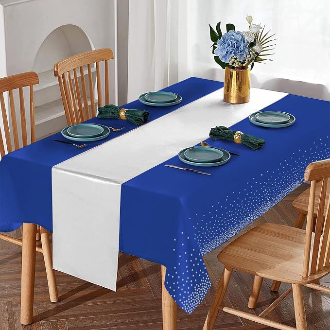 16Pack Disposable Plastic Tablecloths and Satin Table Runner Set Blue and - Image 4