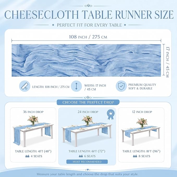 12 Pack Light Blue Cheesecloth Table runne 17x108 Inch Boho Rustic Semi Sheer - Image 3