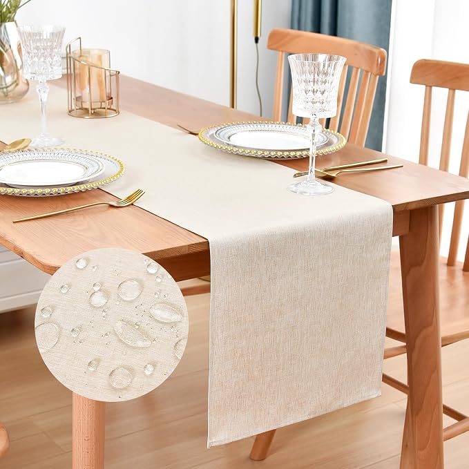 Faux Linen Table Runner Water Resistant 13 x 48 in, Neutral | Farmhouse Rustic by Nacuci