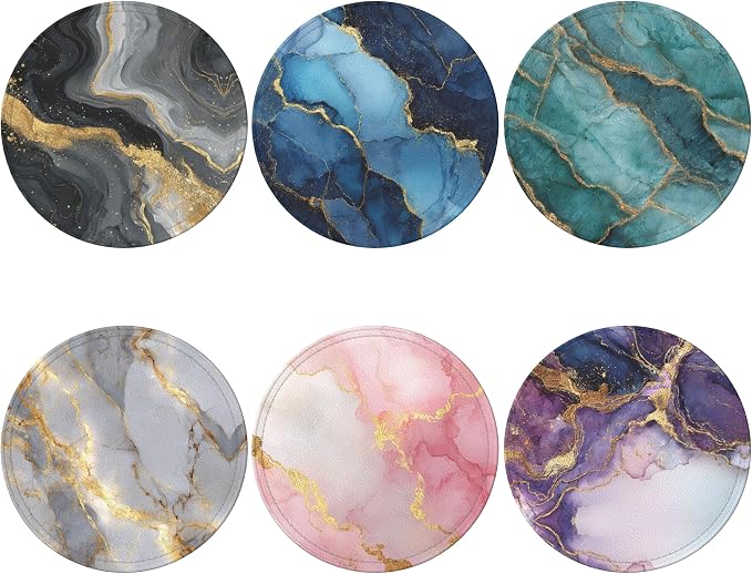 Marble Coasters Leather Round Drink Coasters 6 Pcs Set - Image 2