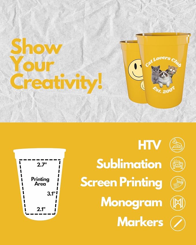 PartyPrints 10 Pack Small 10 to 12 oz Yellow Reusable Blank Plastic Cups - Image 3