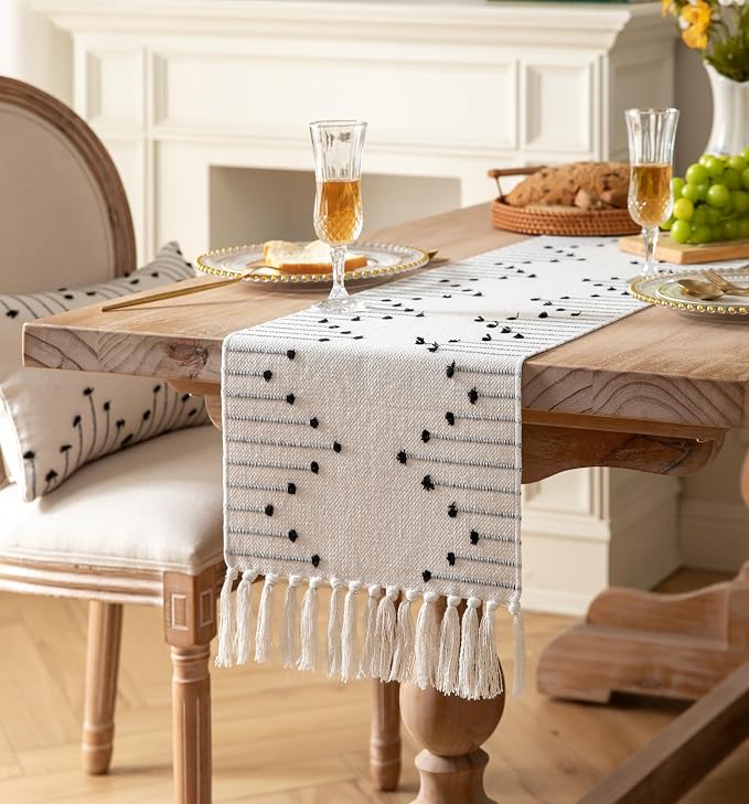 Boho Table Runner 13 x 90 Inch Long Natural Cotton Woven Runner - Image 2
