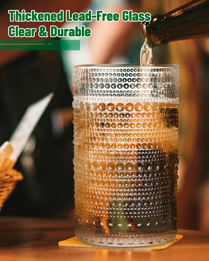 Vintage Dot Drinking Glasses Set of 6, 13 oz Clear Highball Glass Cups | - Image 3