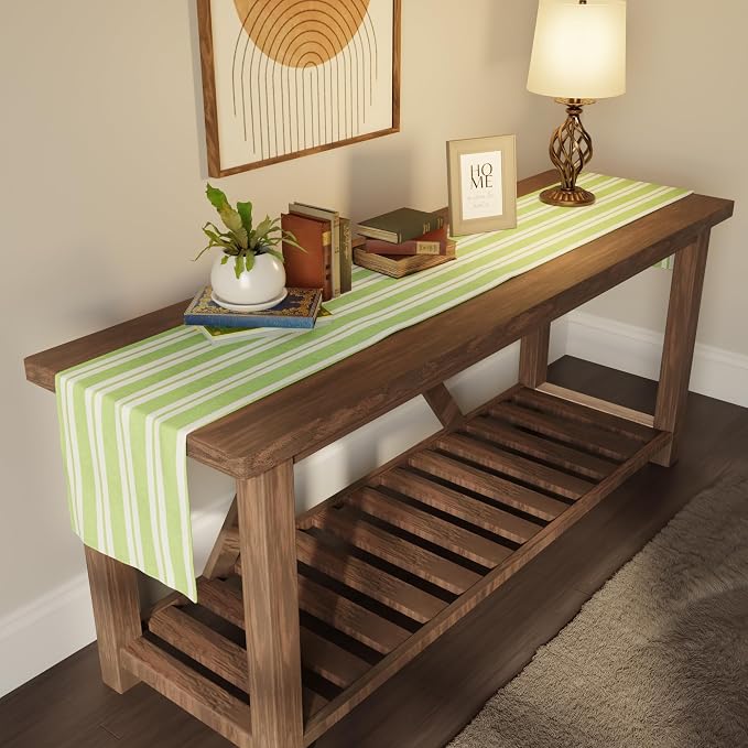 Encasa XO Table Runner, Woven Cotton Dining Runner 13"x72" Franca Lime Stripes - Image 2